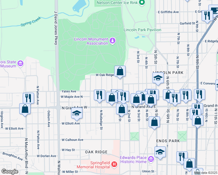 map of restaurants, bars, coffee shops, grocery stores, and more near 1341 Ledlie Avenue in Springfield