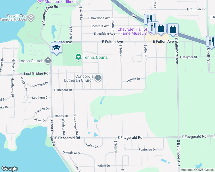 map of restaurants, bars, coffee shops, grocery stores, and more near 3402 East Orchard Drive in Decatur