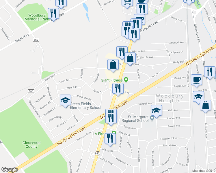 map of restaurants, bars, coffee shops, grocery stores, and more near 9 Cypress Circle in Woodbury