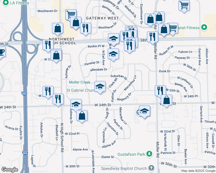 map of restaurants, bars, coffee shops, grocery stores, and more near 5832 Sunwood Drive in Indianapolis
