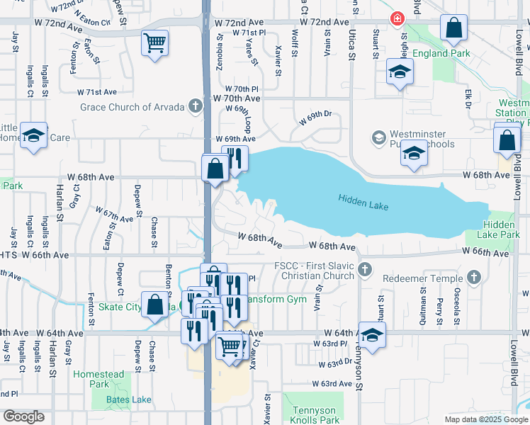 map of restaurants, bars, coffee shops, grocery stores, and more near 6860 Xavier Circle in Westminster