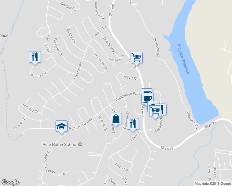 map of restaurants, bars, coffee shops, grocery stores, and more near 14053 Pineland Circle in Magalia