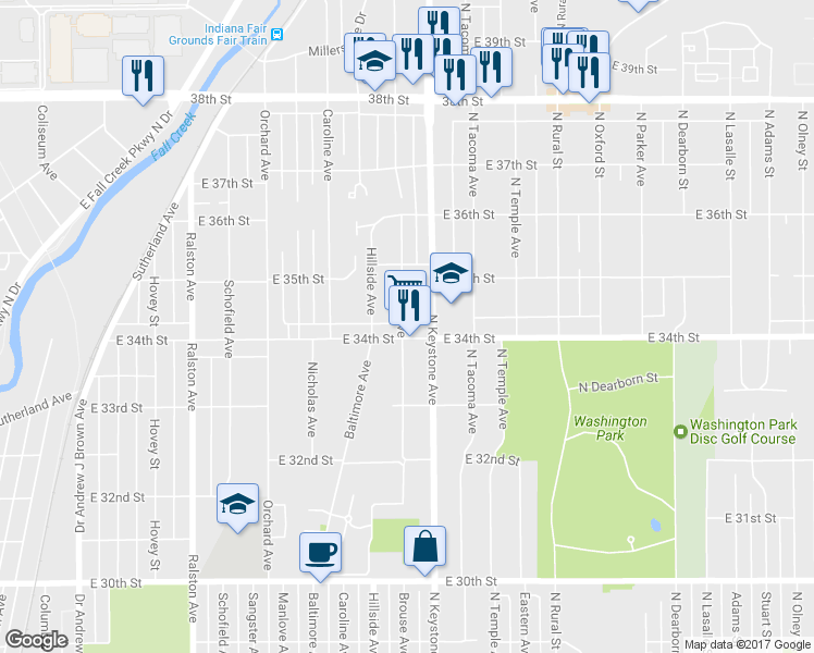map of restaurants, bars, coffee shops, grocery stores, and more near 2302 East 34th Street in Indianapolis