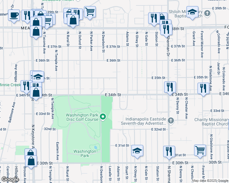 map of restaurants, bars, coffee shops, grocery stores, and more near 3428 North Lasalle Street in Indianapolis
