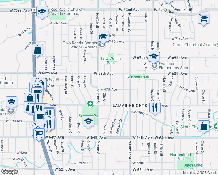 map of restaurants, bars, coffee shops, grocery stores, and more near 6721 West 67th Circle in Arvada