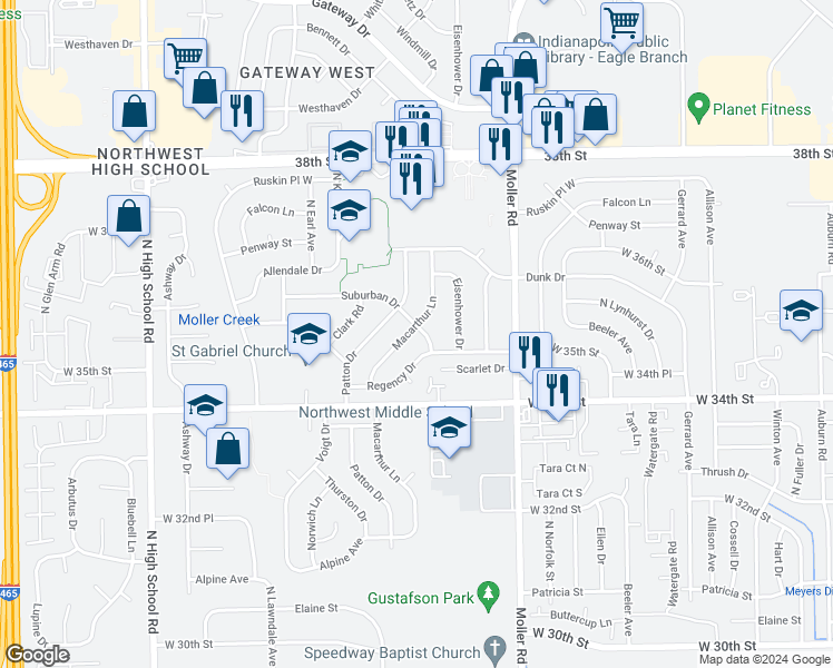 map of restaurants, bars, coffee shops, grocery stores, and more near 3513 Macarthur Lane in Indianapolis