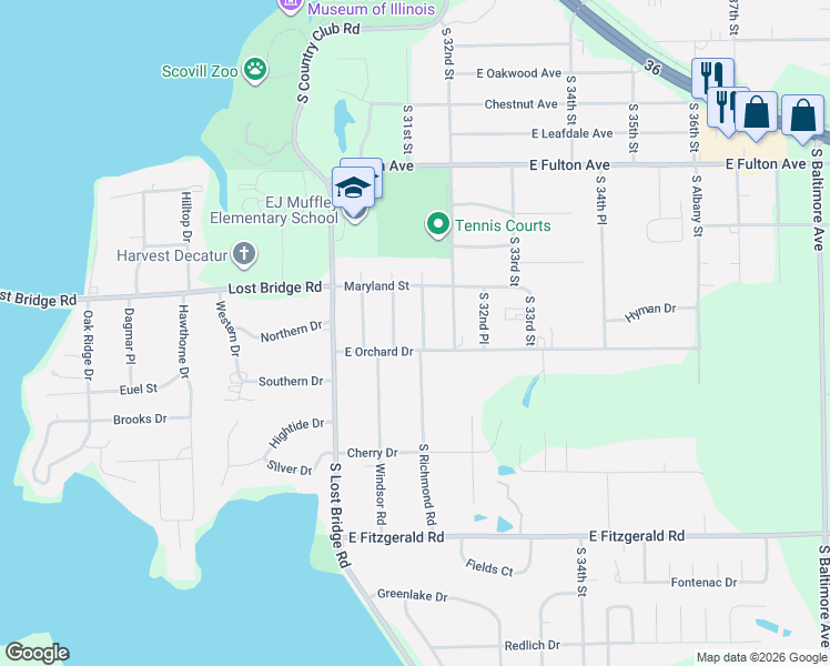 map of restaurants, bars, coffee shops, grocery stores, and more near 1953 South Richmond Road in Decatur