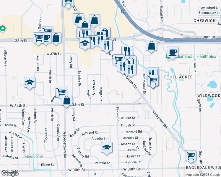 map of restaurants, bars, coffee shops, grocery stores, and more near 3417 North Rybolt Avenue in Indianapolis