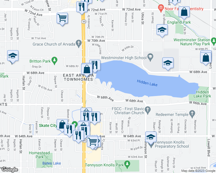 map of restaurants, bars, coffee shops, grocery stores, and more near 6860 Xavier Circle in Westminster