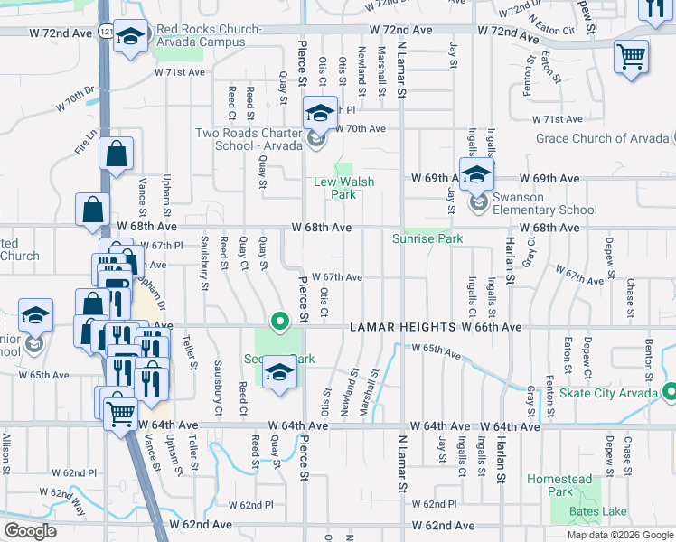 map of restaurants, bars, coffee shops, grocery stores, and more near 6721 West 67th Circle in Arvada