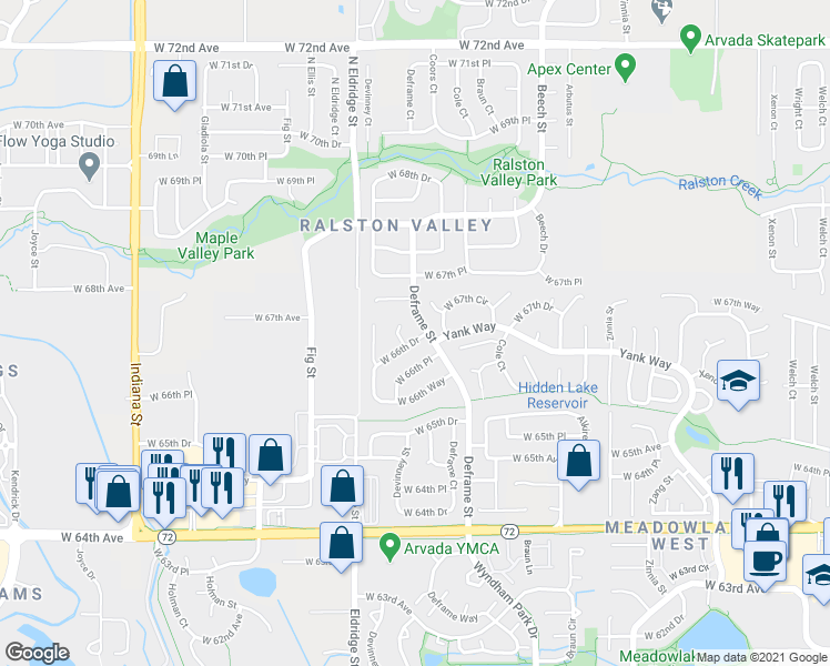 map of restaurants, bars, coffee shops, grocery stores, and more near 6688 Deframe Court in Arvada