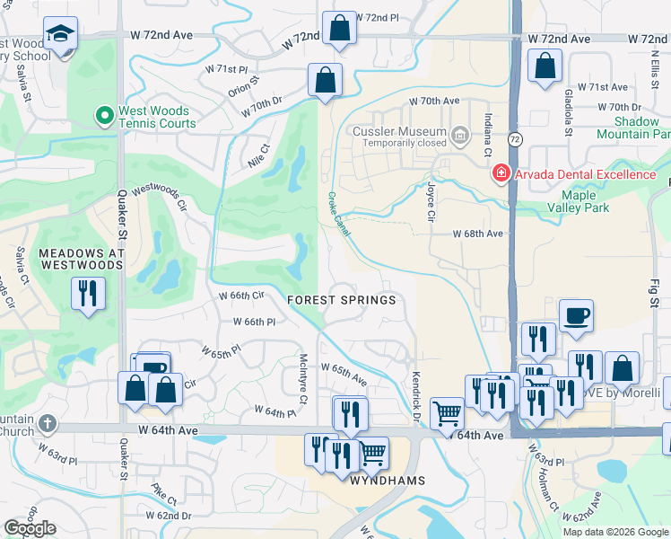 map of restaurants, bars, coffee shops, grocery stores, and more near 6838 Lupine Way in Arvada