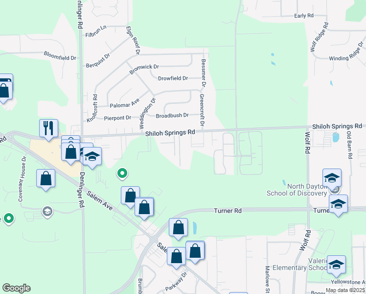 map of restaurants, bars, coffee shops, grocery stores, and more near 4953 Biddison Avenue in Trotwood