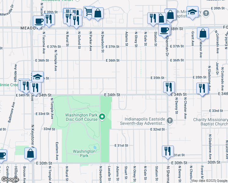 map of restaurants, bars, coffee shops, grocery stores, and more near 3428 North Lasalle Street in Indianapolis