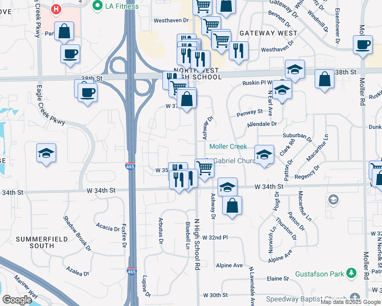 map of restaurants, bars, coffee shops, grocery stores, and more near 6312 West 35th Place in Indianapolis
