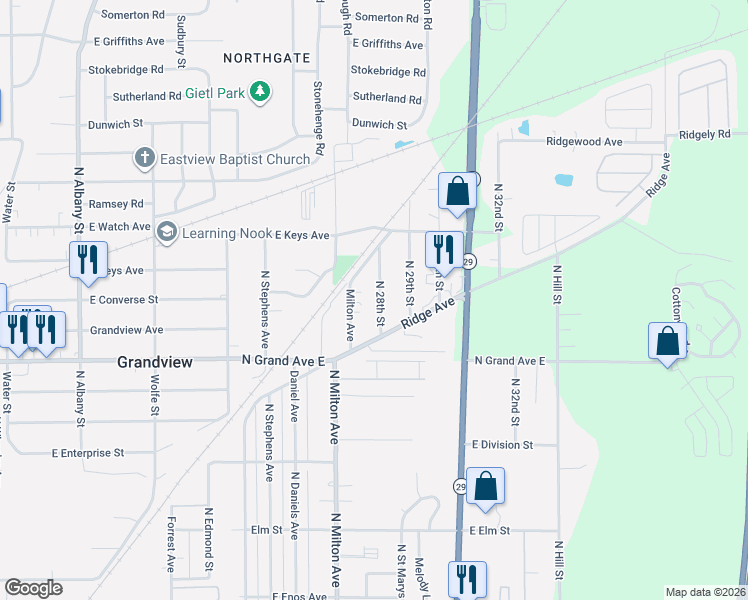 map of restaurants, bars, coffee shops, grocery stores, and more near 1328-1440 Milton Avenue in Springfield