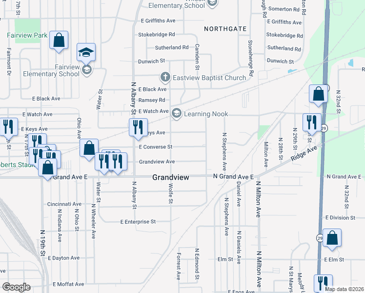 map of restaurants, bars, coffee shops, grocery stores, and more near 2345 East Converse Avenue in Grandview