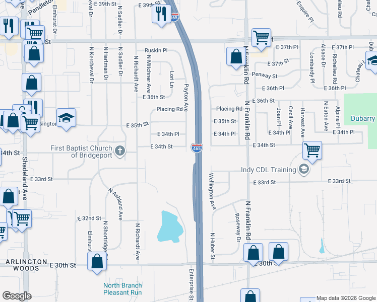 map of restaurants, bars, coffee shops, grocery stores, and more near 7650 East 34th Street in Indianapolis