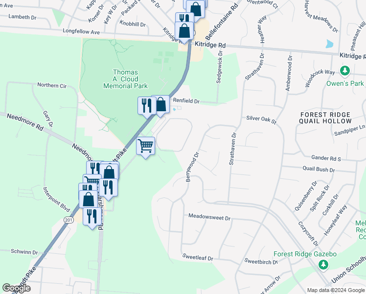 map of restaurants, bars, coffee shops, grocery stores, and more near 3979 Cloud Park Drive in Dayton