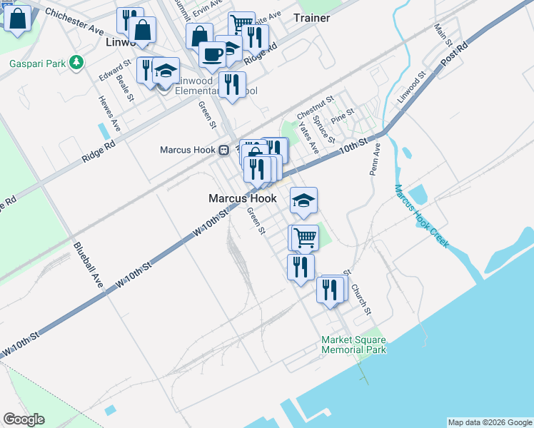 map of restaurants, bars, coffee shops, grocery stores, and more near 9 Marshall Avenue in Marcus Hook