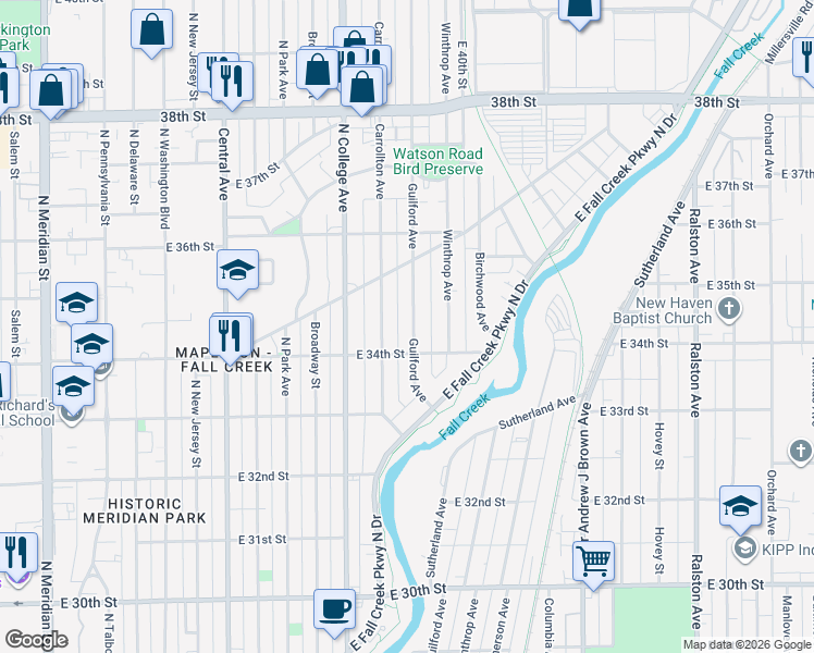 map of restaurants, bars, coffee shops, grocery stores, and more near 3443 Guilford Avenue in Indianapolis