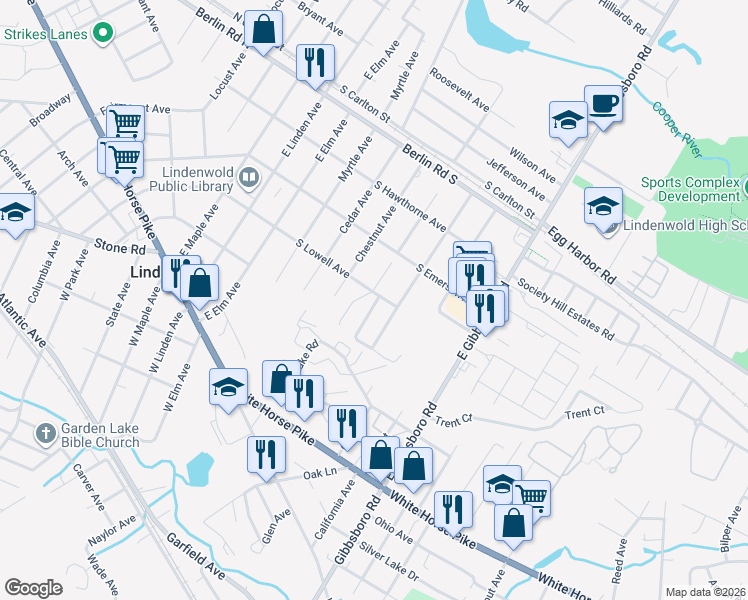 map of restaurants, bars, coffee shops, grocery stores, and more near 503 South Lowell Avenue in Lindenwold
