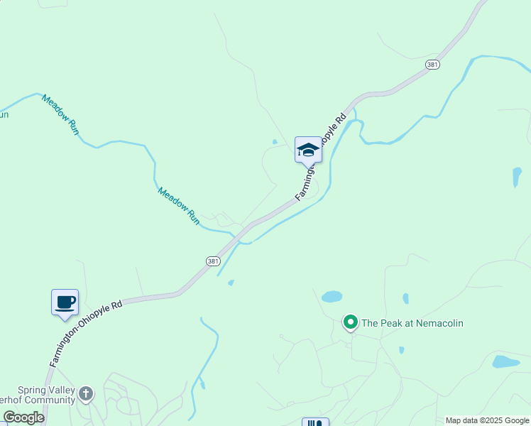 map of restaurants, bars, coffee shops, grocery stores, and more near 341 Farmington-Ohiopyle Road in Farmington