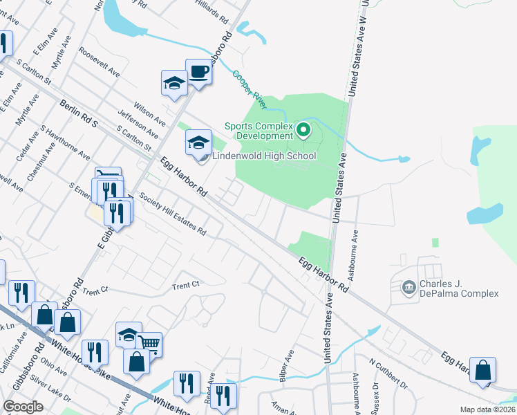 map of restaurants, bars, coffee shops, grocery stores, and more near 137 Colonial Square Place in Lindenwold
