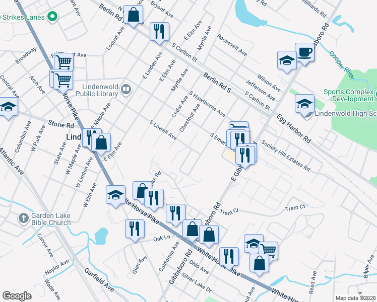 map of restaurants, bars, coffee shops, grocery stores, and more near 503 South Lowell Avenue in Lindenwold