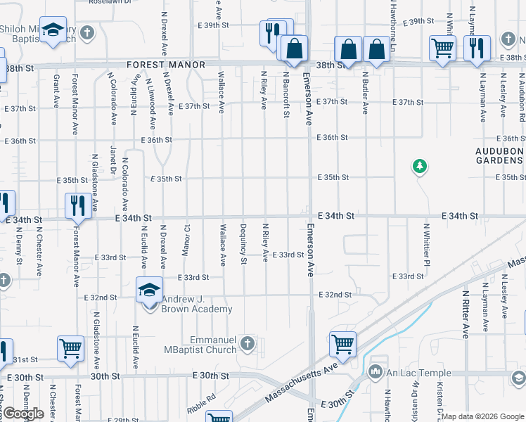 map of restaurants, bars, coffee shops, grocery stores, and more near 3420 North Riley Avenue in Indianapolis
