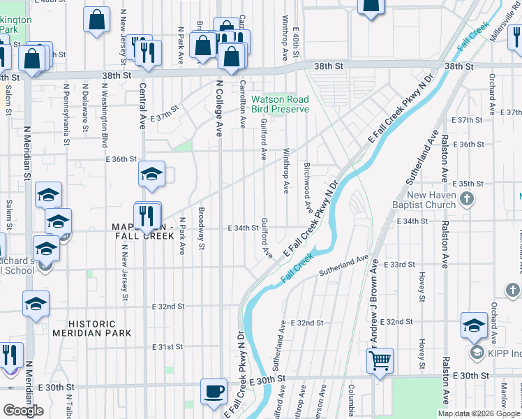 map of restaurants, bars, coffee shops, grocery stores, and more near 3443 Guilford Avenue in Indianapolis