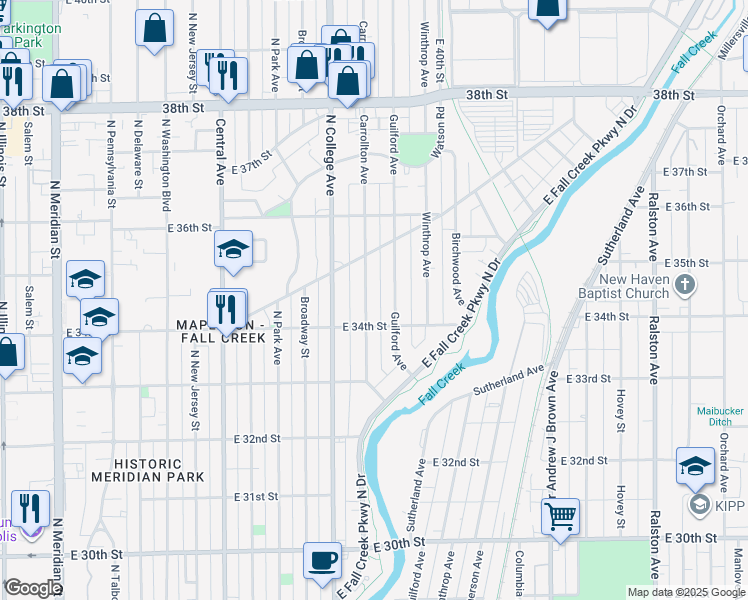 map of restaurants, bars, coffee shops, grocery stores, and more near 3443 Carrollton Avenue in Indianapolis