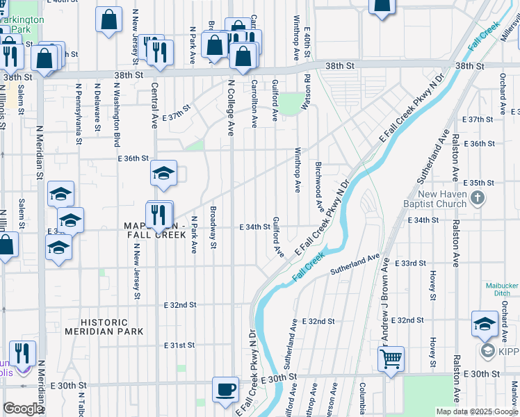 map of restaurants, bars, coffee shops, grocery stores, and more near 3443 Carrollton Avenue in Indianapolis