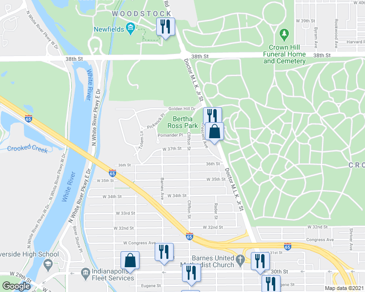 map of restaurants, bars, coffee shops, grocery stores, and more near 1111 Pomander Place in Indianapolis
