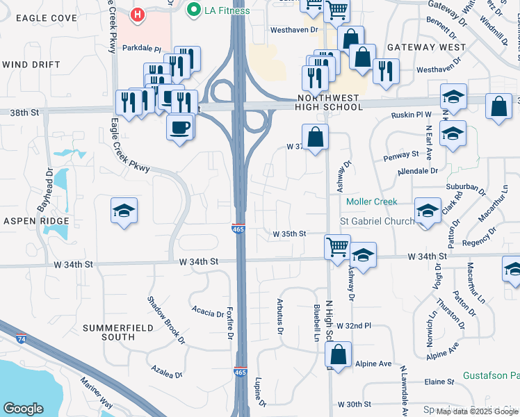 map of restaurants, bars, coffee shops, grocery stores, and more near 3517-3599 North Glen Arm Road in Indianapolis