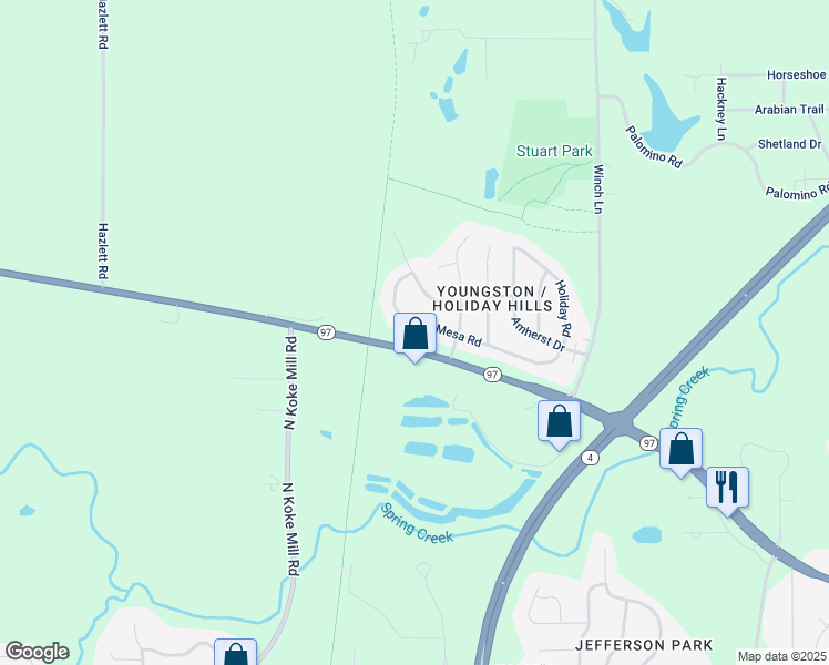 map of restaurants, bars, coffee shops, grocery stores, and more near 85 Mesa Road in Springfield