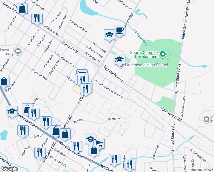 map of restaurants, bars, coffee shops, grocery stores, and more near 1614 Arborwood in Lindenwold