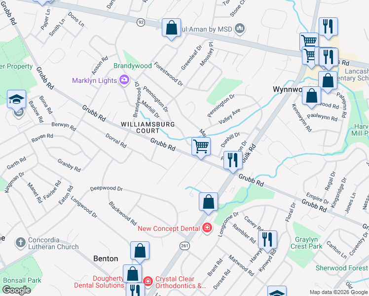 map of restaurants, bars, coffee shops, grocery stores, and more near 2608A Pennington Drive in Wilmington