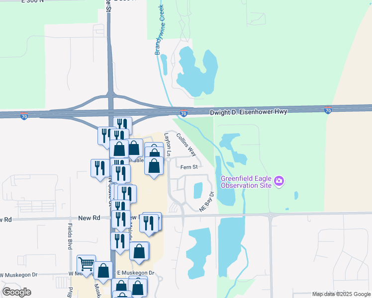 map of restaurants, bars, coffee shops, grocery stores, and more near 2322 Collins Way in Greenfield