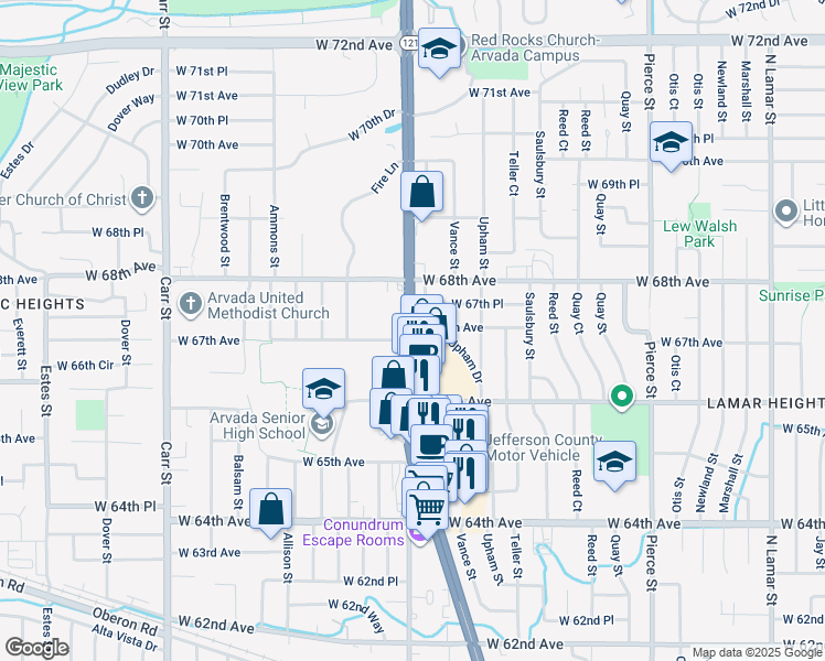map of restaurants, bars, coffee shops, grocery stores, and more near Wadsworth Blvd & W 67th Ave in Arvada