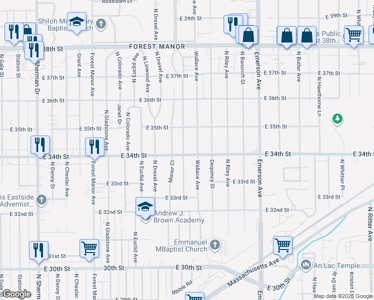map of restaurants, bars, coffee shops, grocery stores, and more near 3424 Wallace Avenue in Indianapolis