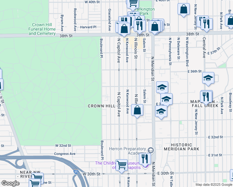 map of restaurants, bars, coffee shops, grocery stores, and more near 3459 North Capitol Avenue in Indianapolis