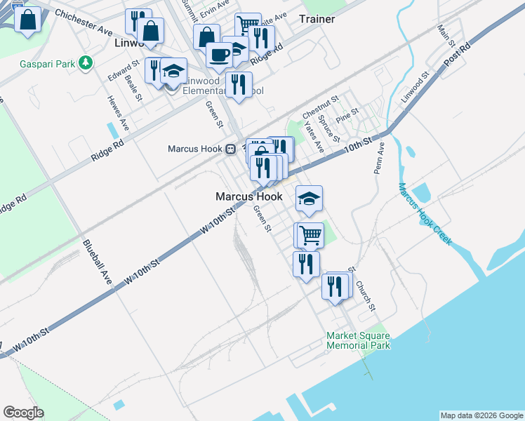 map of restaurants, bars, coffee shops, grocery stores, and more near 9 Marshall Avenue in Marcus Hook
