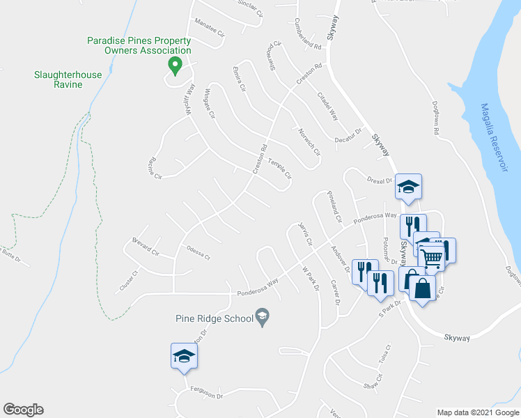 map of restaurants, bars, coffee shops, grocery stores, and more near 6326 Bentley Court in Magalia