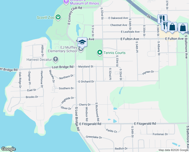 map of restaurants, bars, coffee shops, grocery stores, and more near 1953 South Richmond Road in Decatur