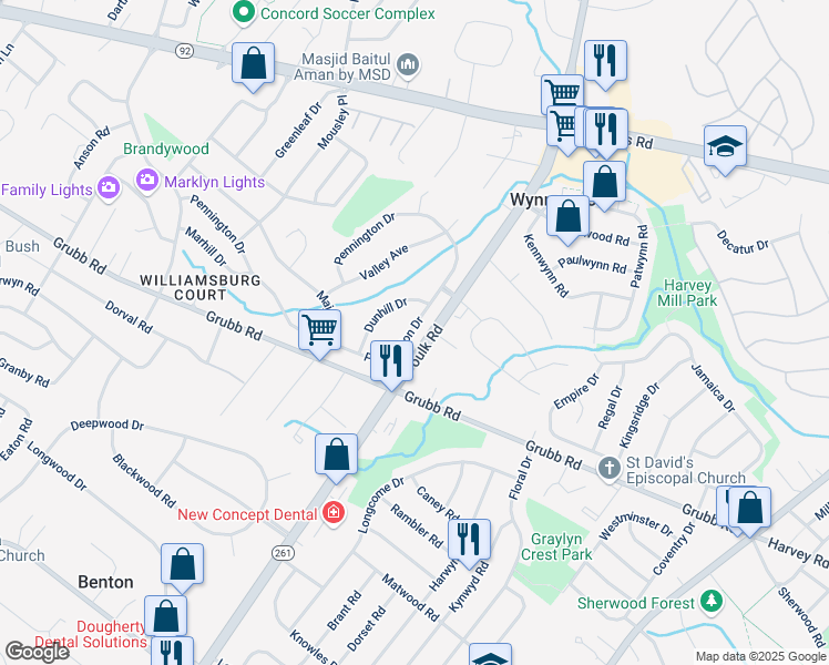 map of restaurants, bars, coffee shops, grocery stores, and more near 2505 Pennington Drive in Wilmington