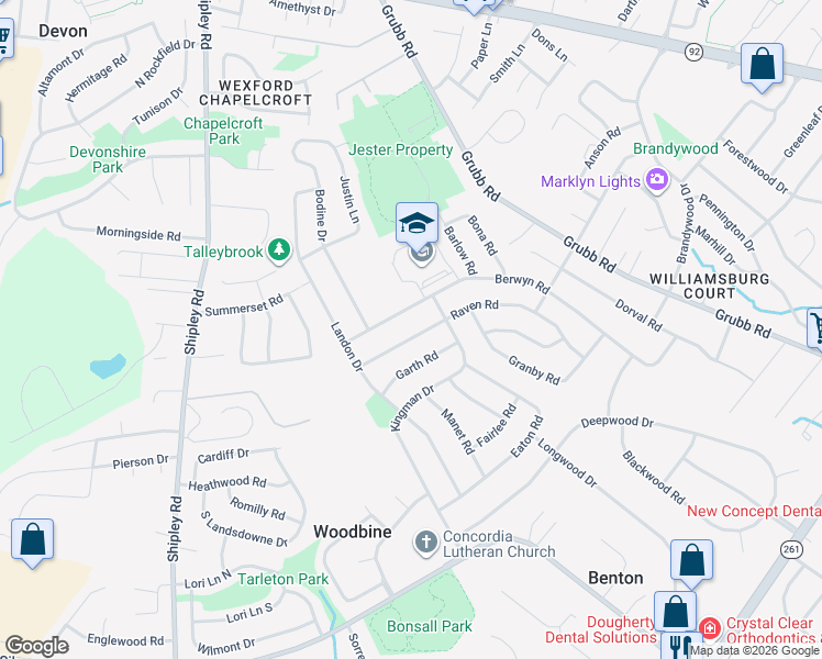 map of restaurants, bars, coffee shops, grocery stores, and more near 2530 Berwyn Road in Wilmington
