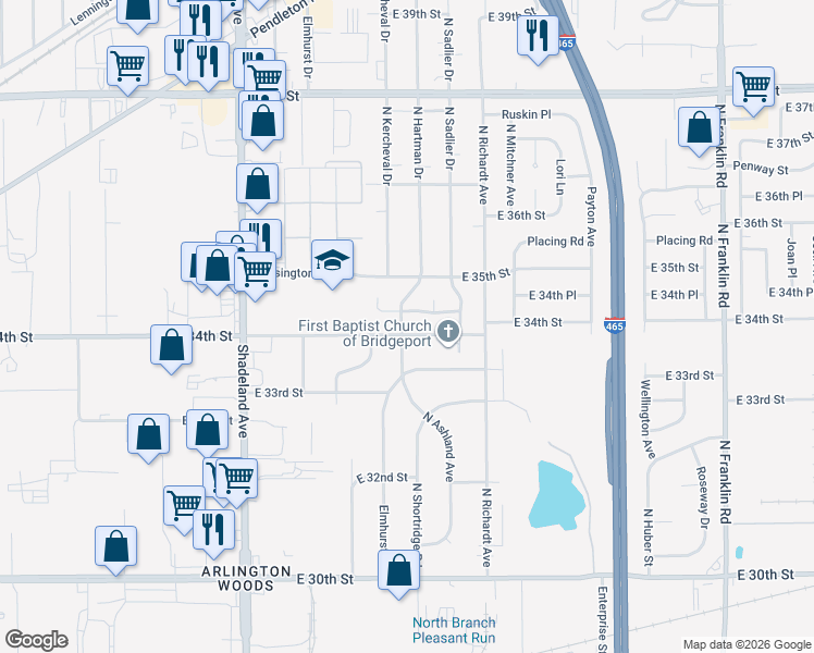map of restaurants, bars, coffee shops, grocery stores, and more near 7239 East 34th Place in Indianapolis