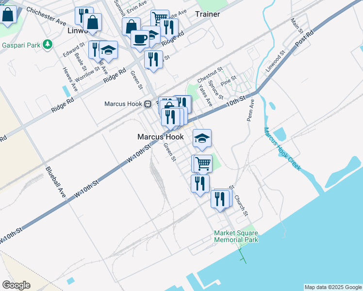 map of restaurants, bars, coffee shops, grocery stores, and more near 9 Marshall Avenue in Marcus Hook