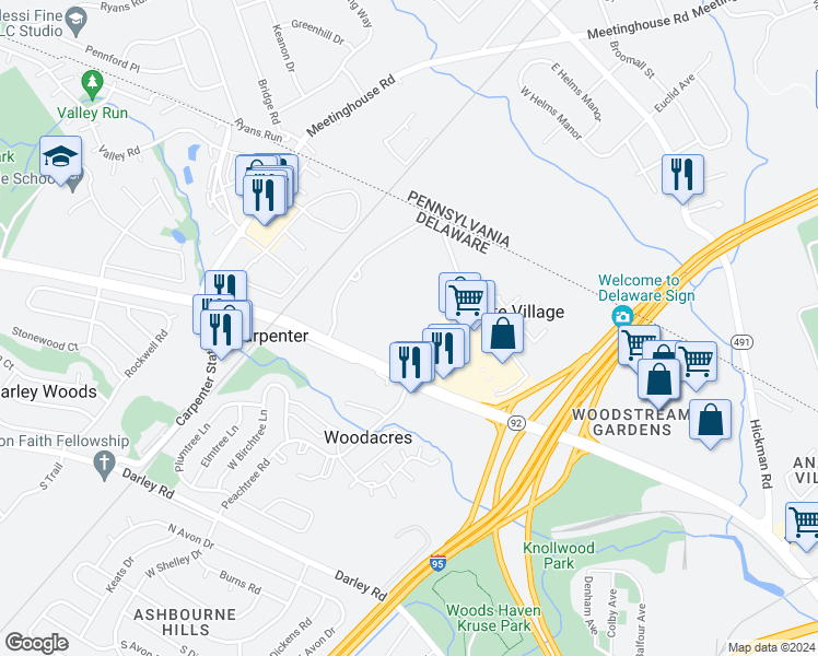 map of restaurants, bars, coffee shops, grocery stores, and more near 775 Montclair Drive in Claymont